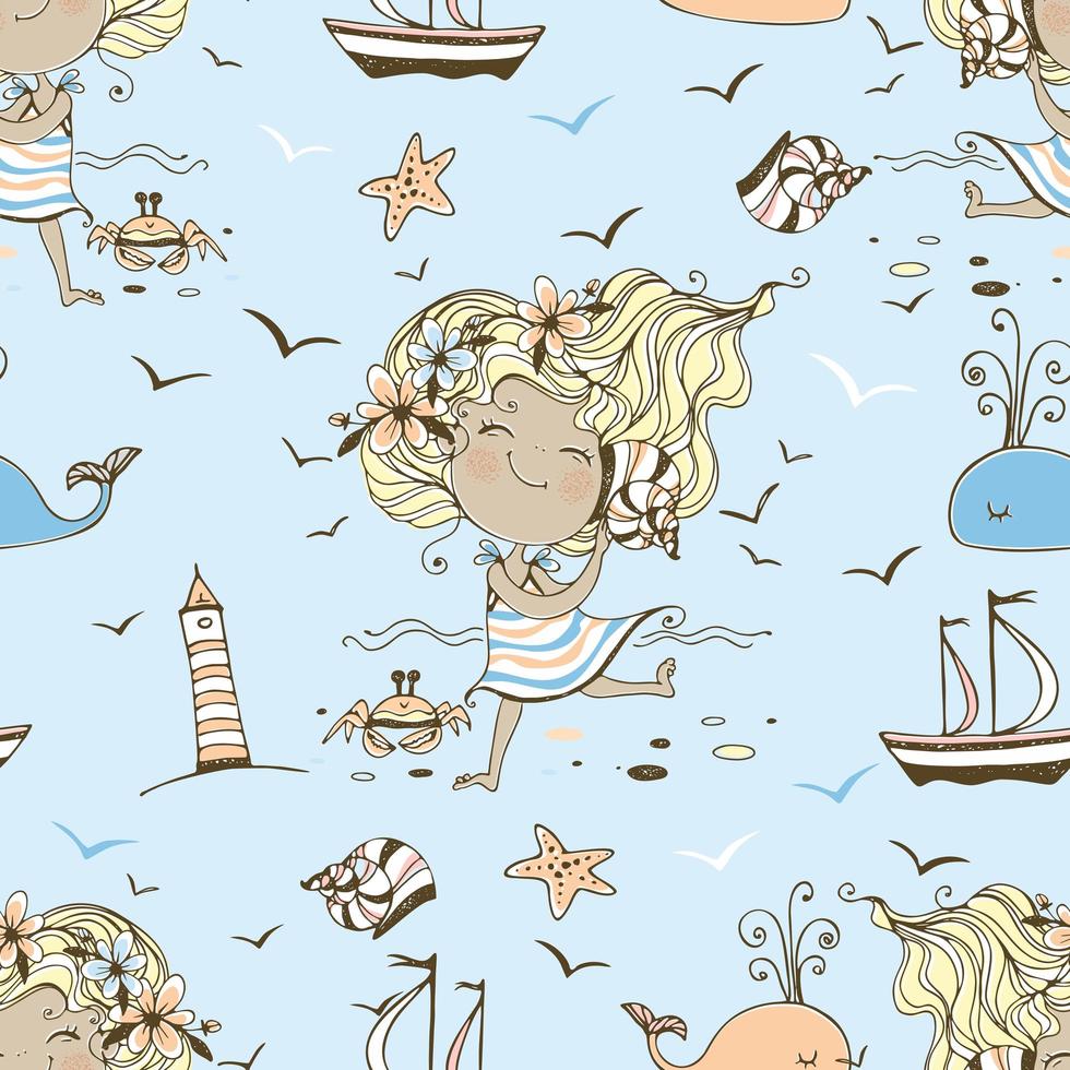 Theme of summer with girl on the beach. vector