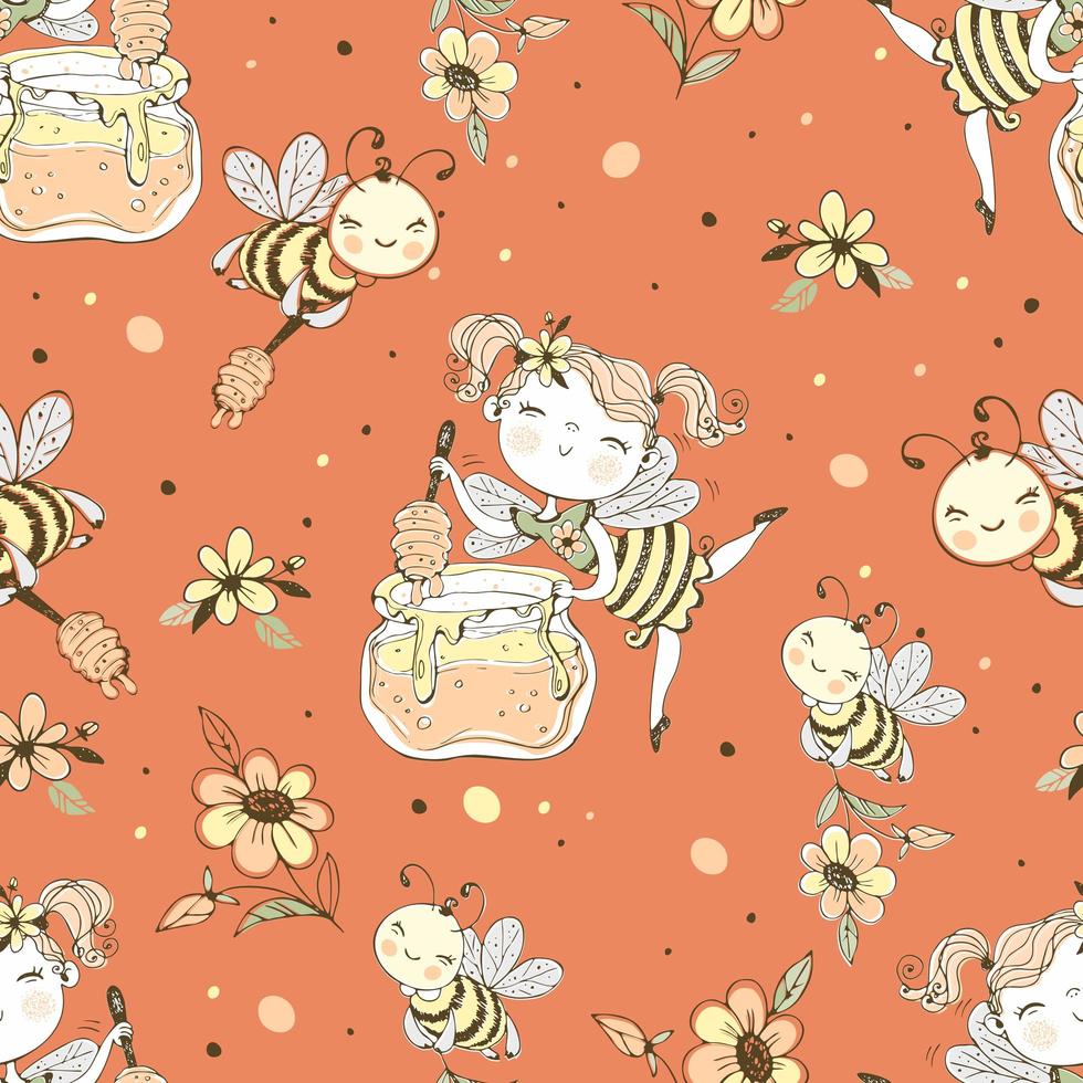 Flower fairy and honey bees. vector