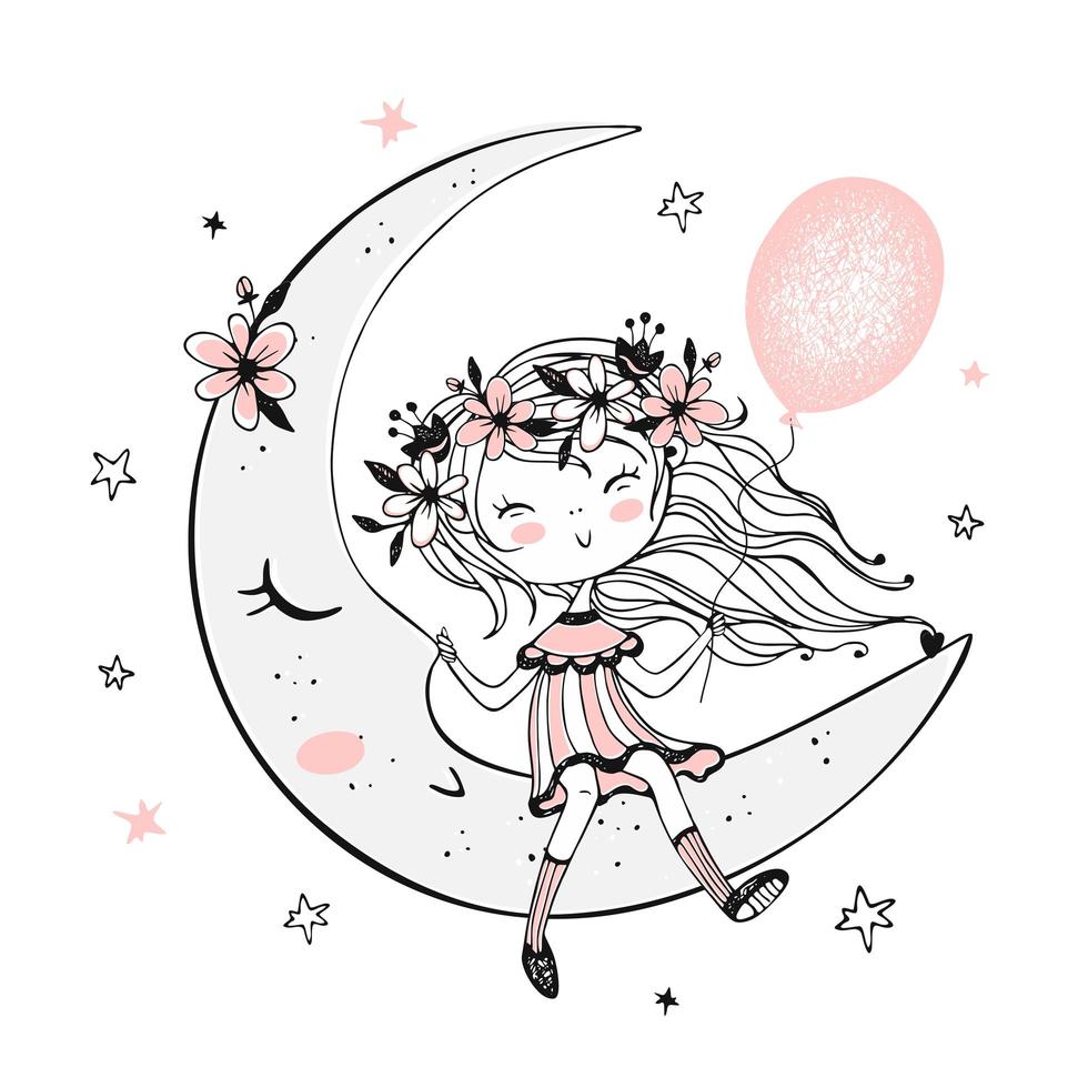 Girl with a balloon sitting on the moon. vector