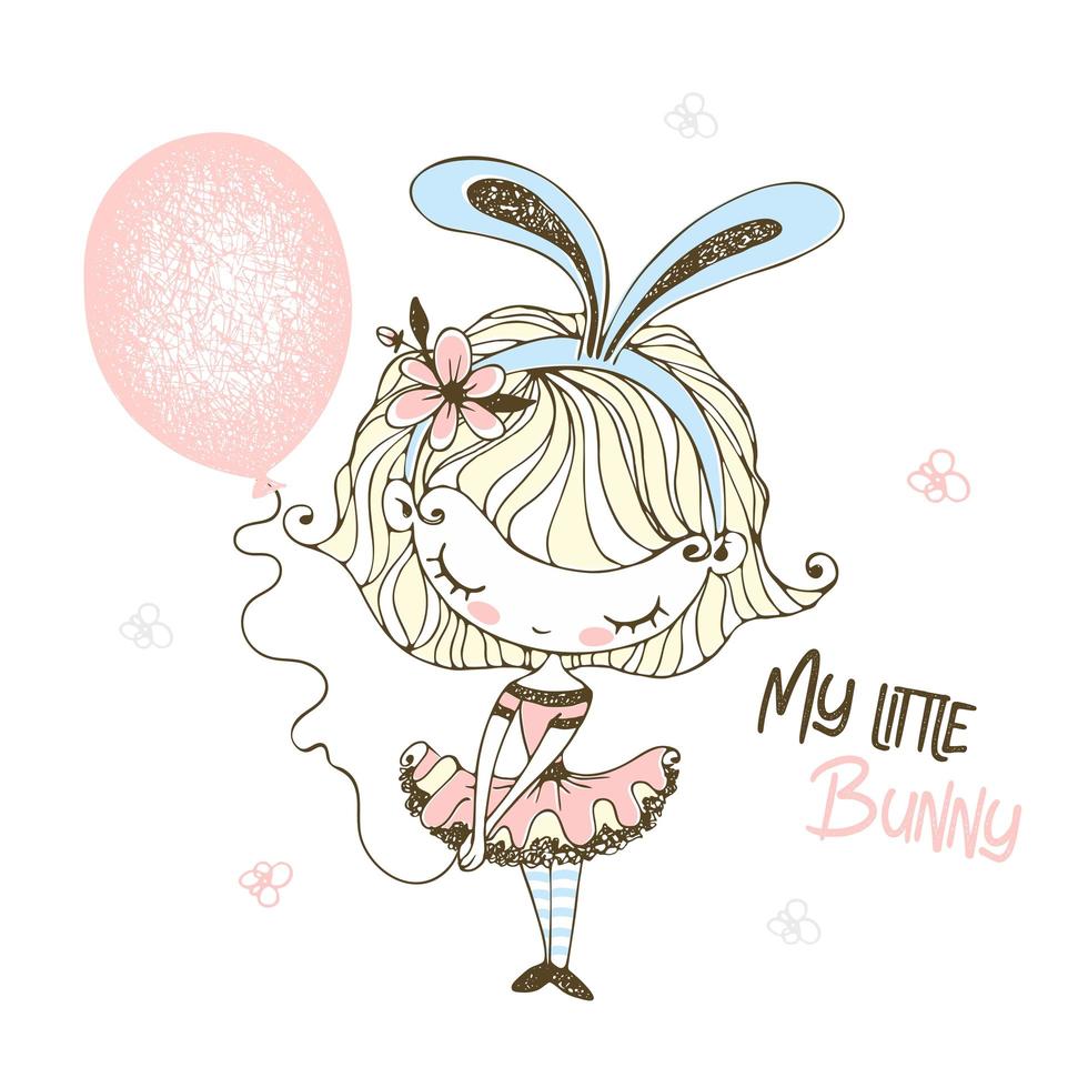 Little girl in bunny ears with a balloon. vector