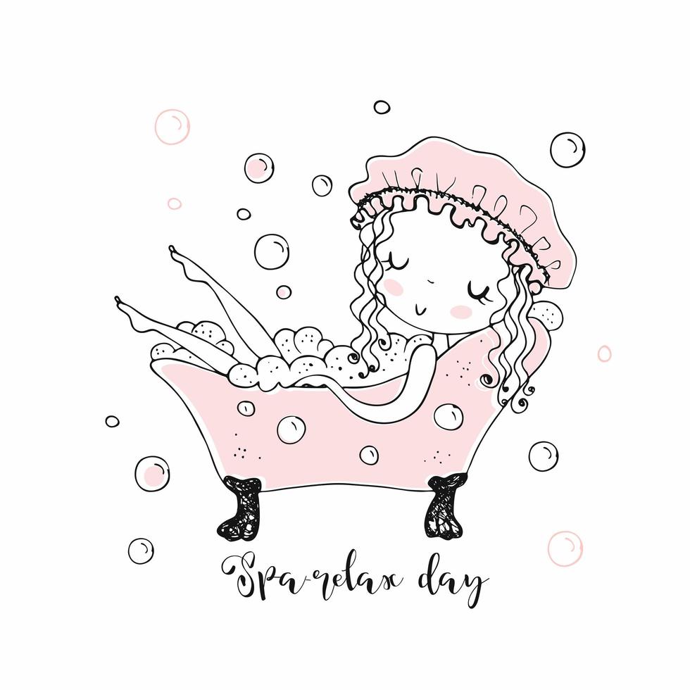 Cute little girl takes a bubble bath. vector