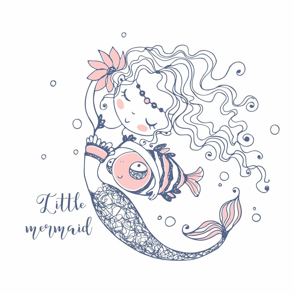 Cute little Mermaid with a fish . vector