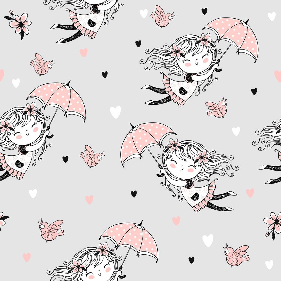 Seamless pattern with cute girls flying on umbrellas. vector