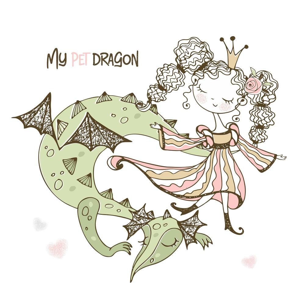 linda princesa de hadas con su dragón mascota. vector