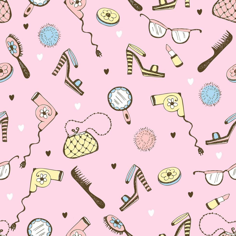 Seamless pattern with cosmetics and women's accessories. vector