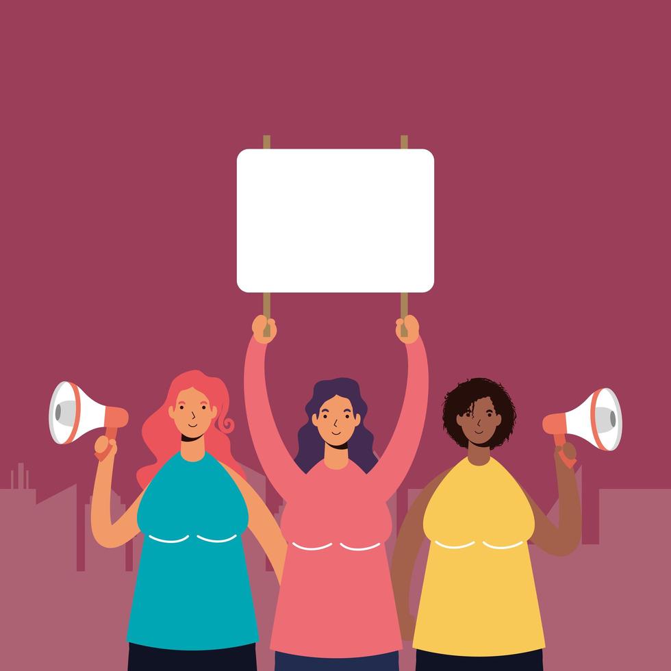 Women protesting with blank signs and megaphones vector