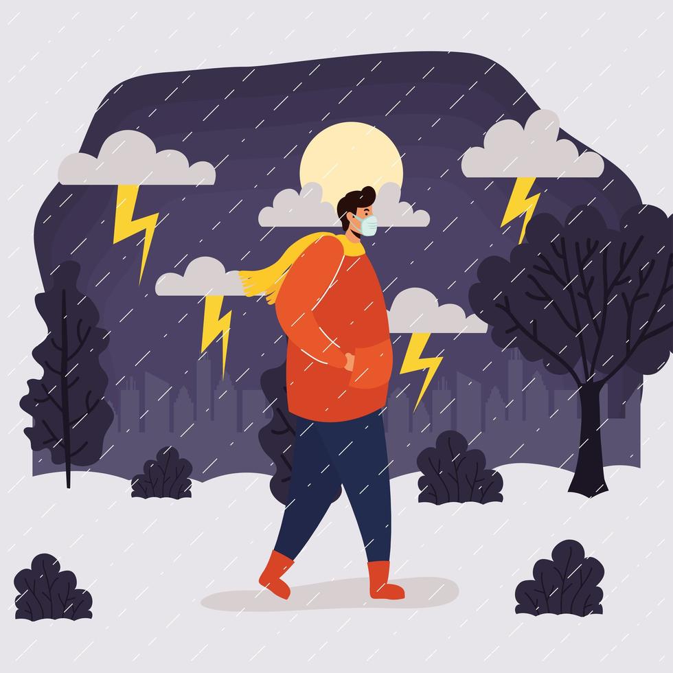 Man with face mask in rainy weather landscape vector