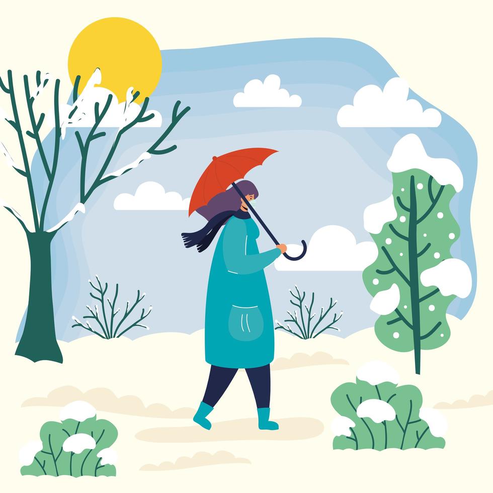 Woman with face mask in a winter season scene vector