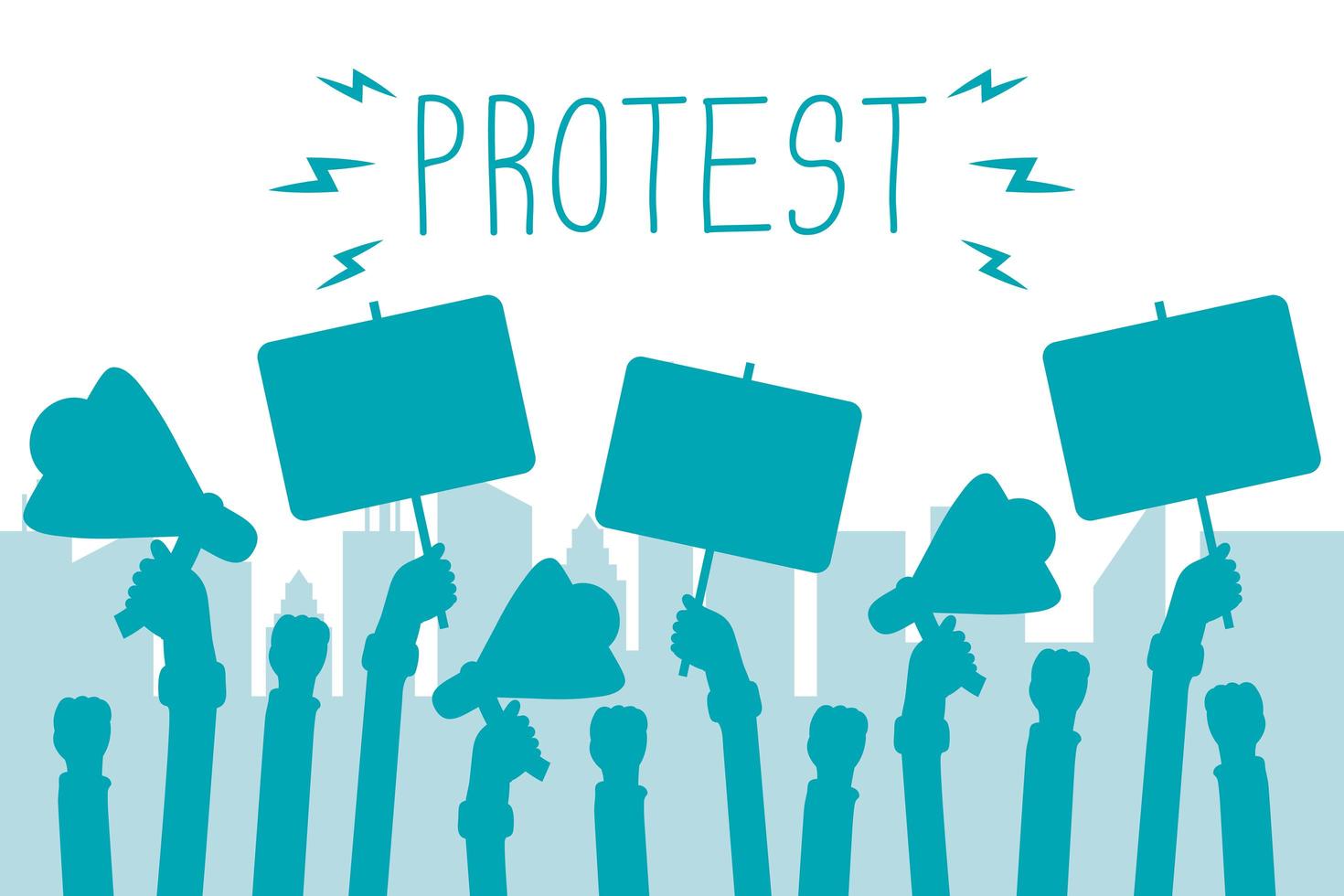 Hands holding protest banners and megaphones vector