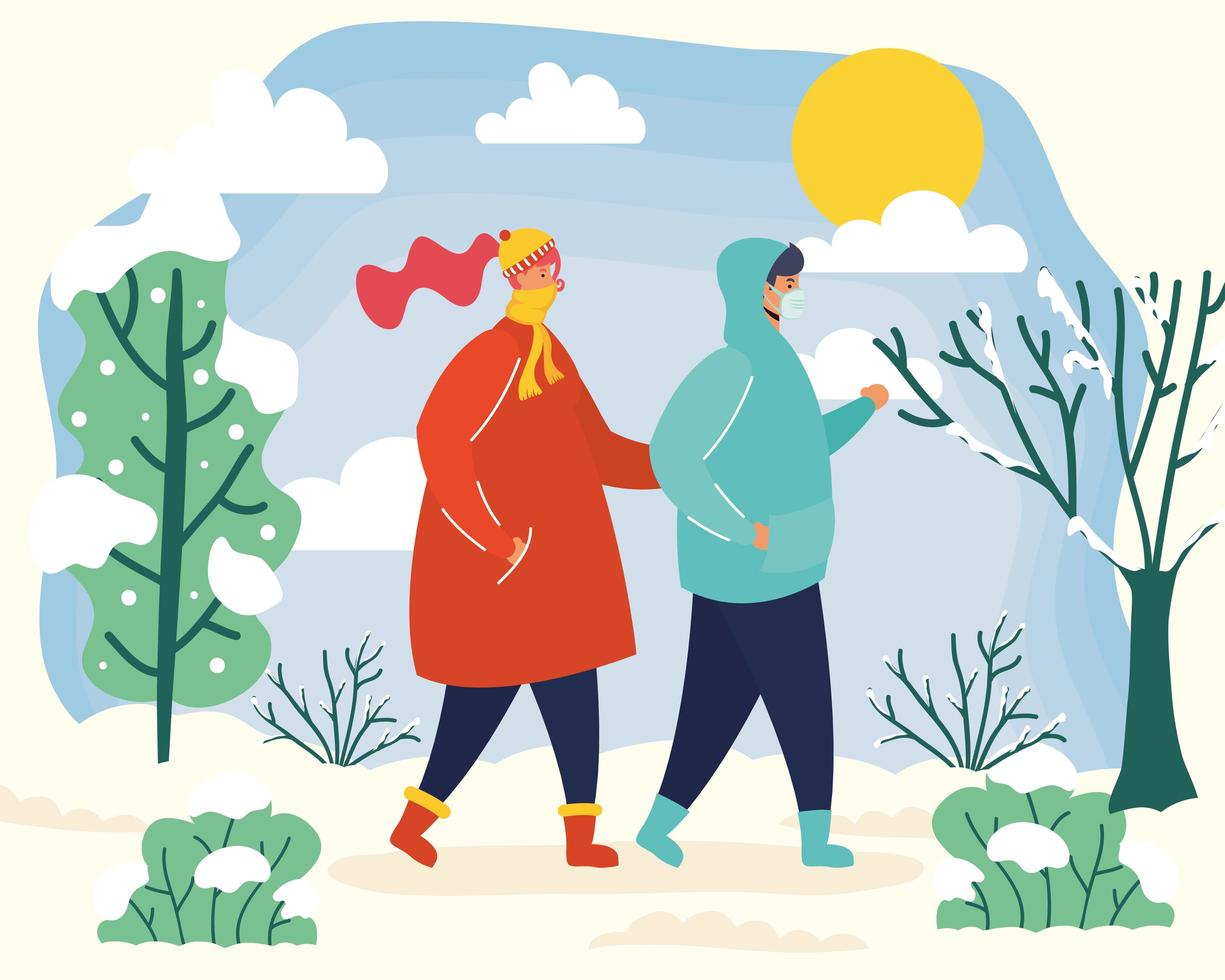 Couple with face masks in a winter season scene vector