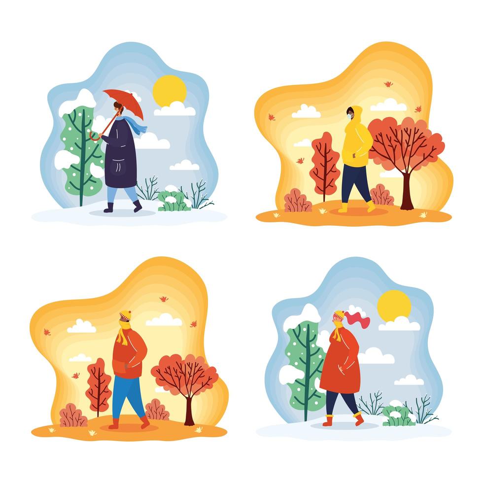 People outdoors in different season scenes vector