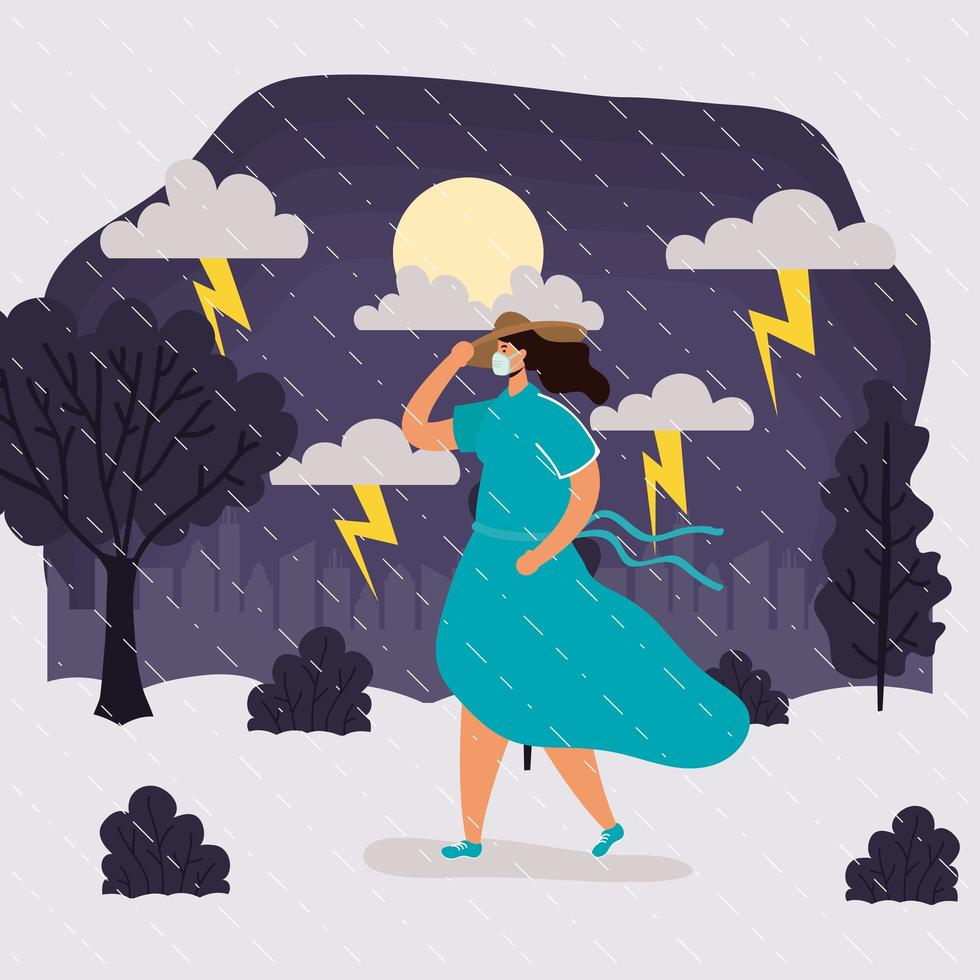 Woman with face mask in rainy weather landscape vector