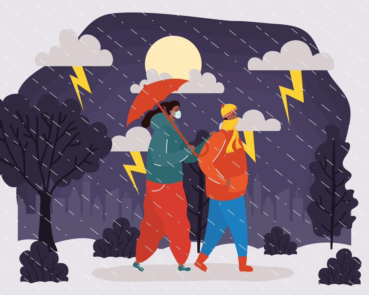 Pareja con mascarillas en un paisaje de clima lluvioso vector