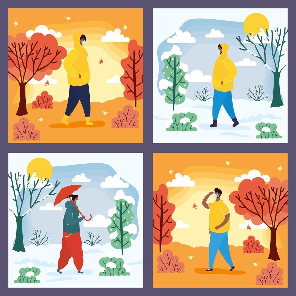 People outdoors in different season scenes vector