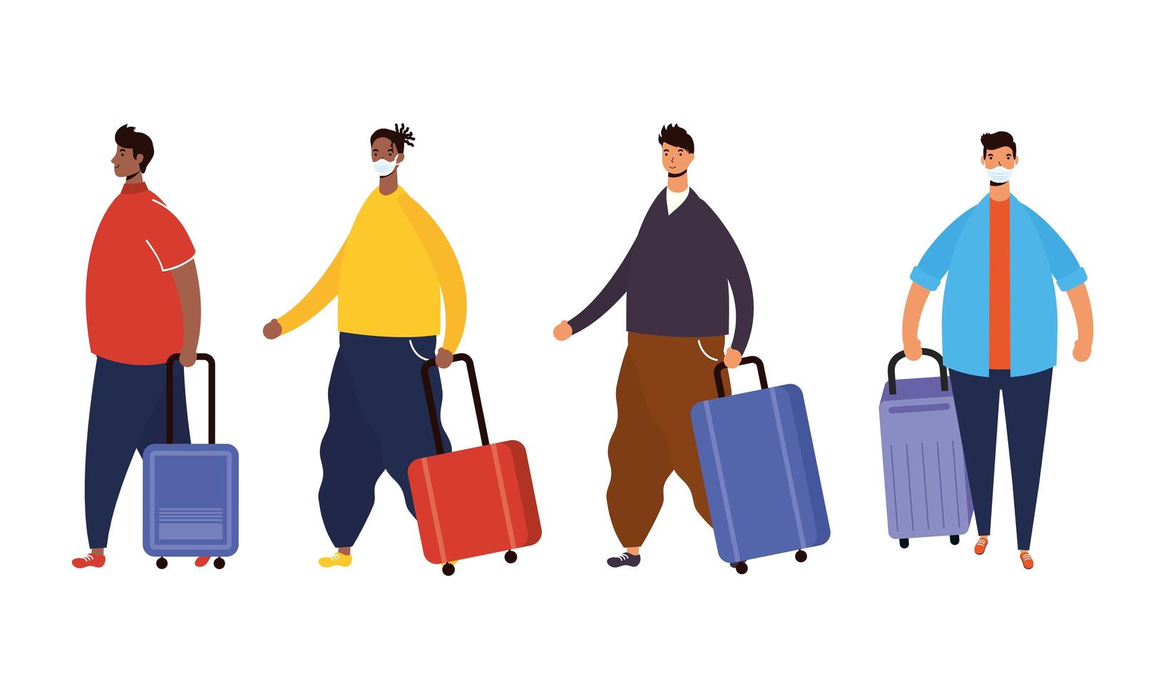 Interracial male travellers with suitcases avatar characters vector