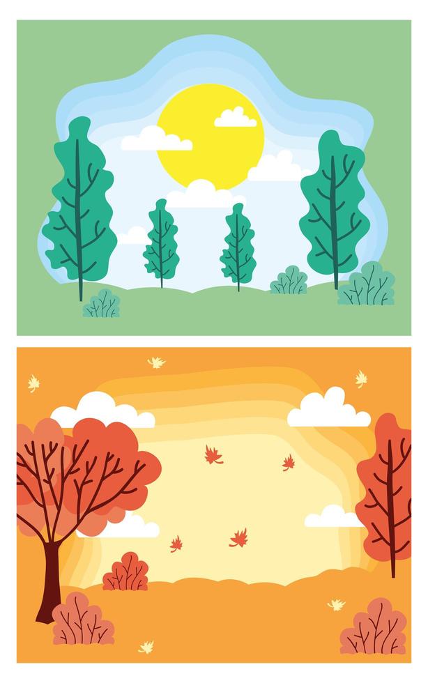 Cute seasons scene card background set vector