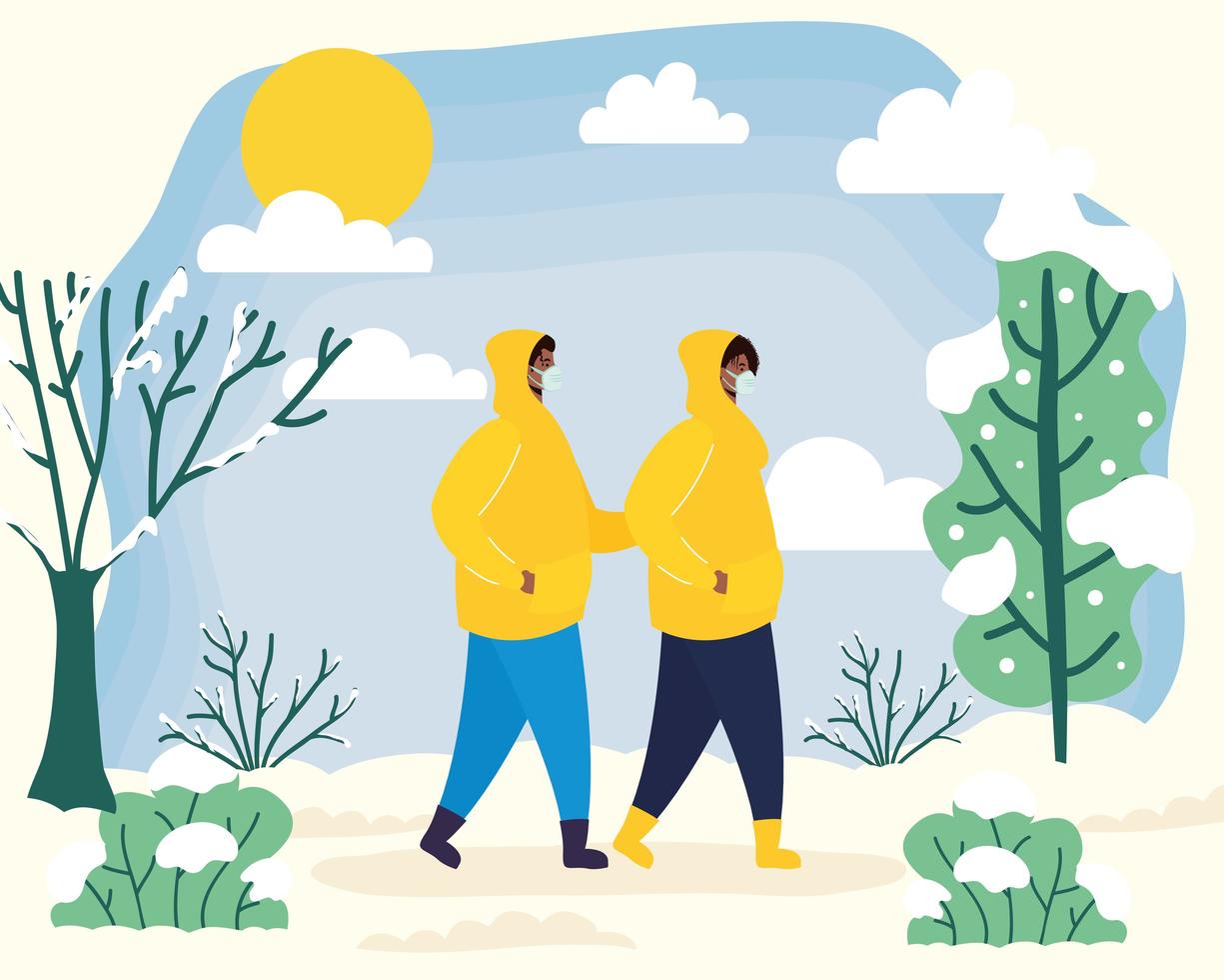 Couple with face masks in a winter landscape vector