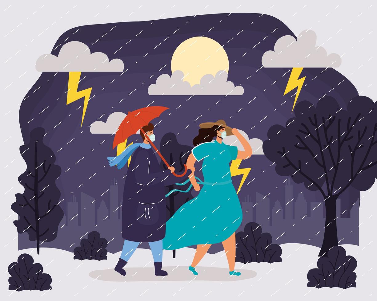 Pareja con mascarillas en un paisaje de clima lluvioso vector