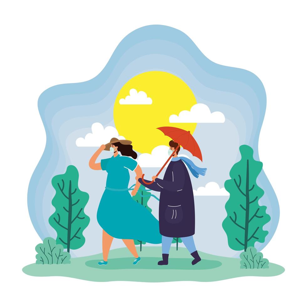 Couple with face masks outdoors in spring vector