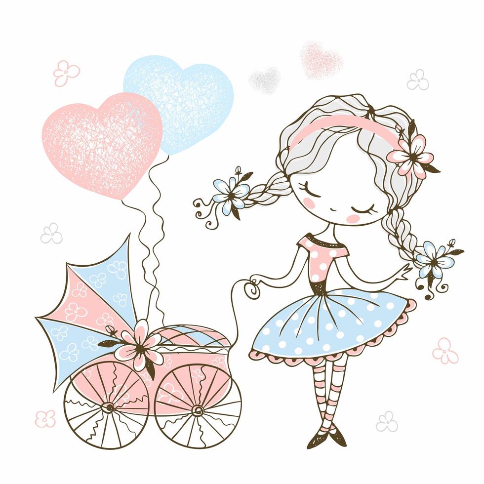 Cute little girl with a toy baby stroller vector