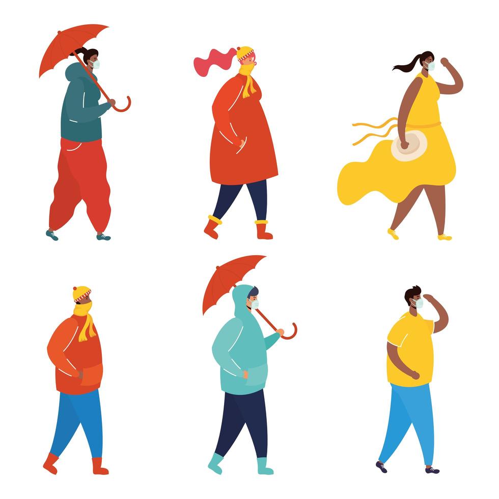 People with face masks on profile character set vector