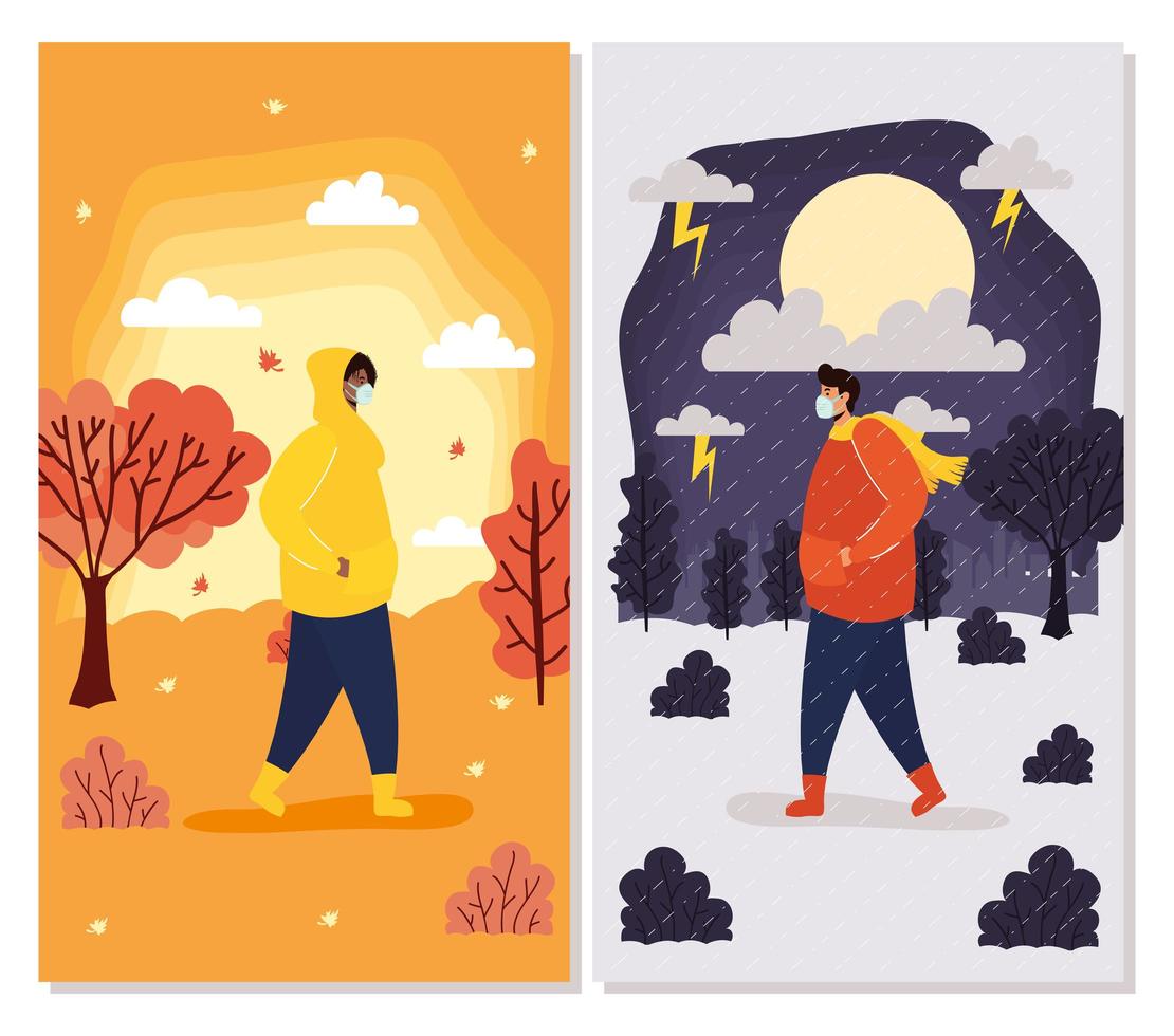 People with face masks in seasonal scenes card set vector