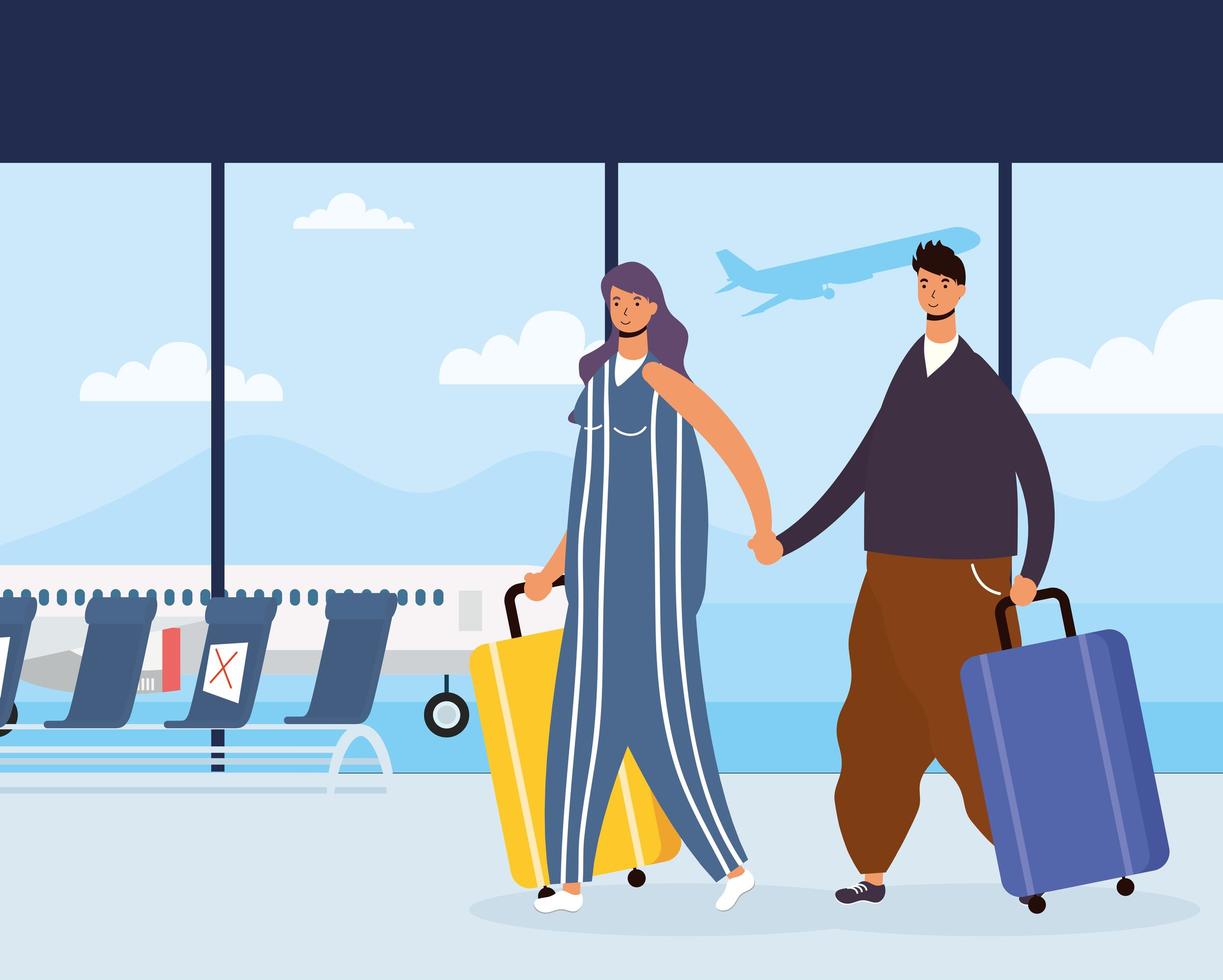 A couple of travelers with suitcases at the airport vector