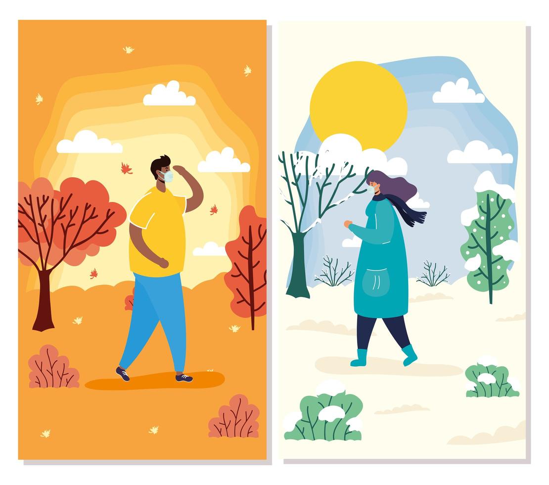 People with face masks in seasonal scenes card set vector