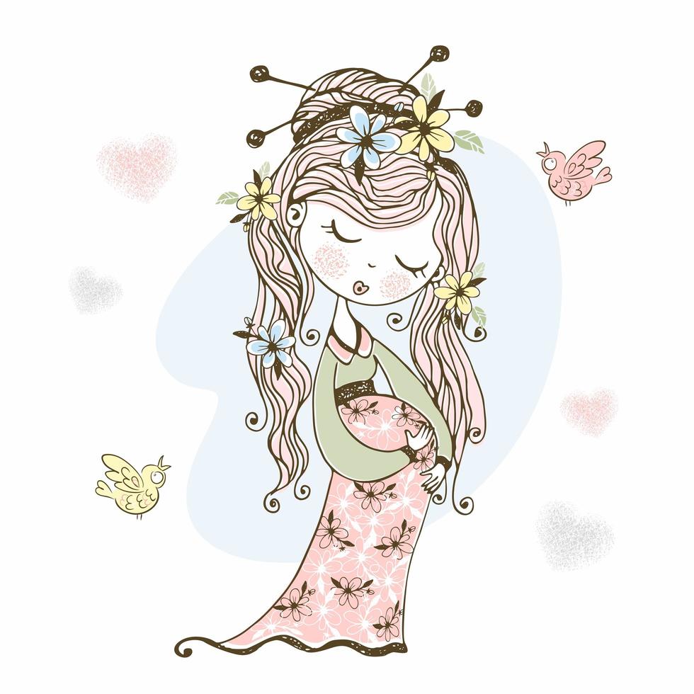 Pregnant girl with flowers in her hair. vector