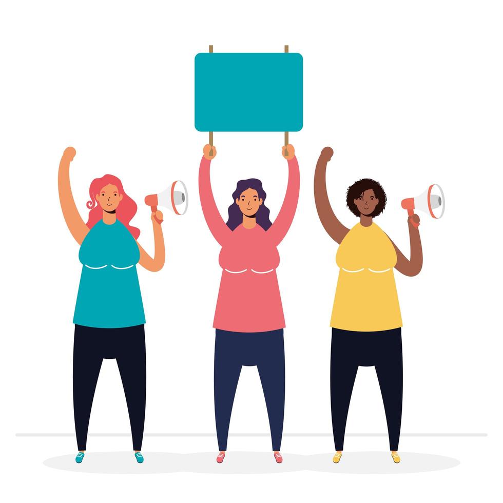 Women protesting with blank signs and megaphones vector