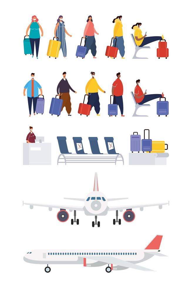 viajeros y conjunto de iconos de aeropuerto vector