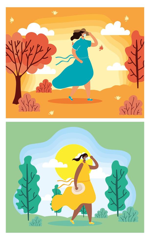 People with face masks in seasonal scenes card set vector