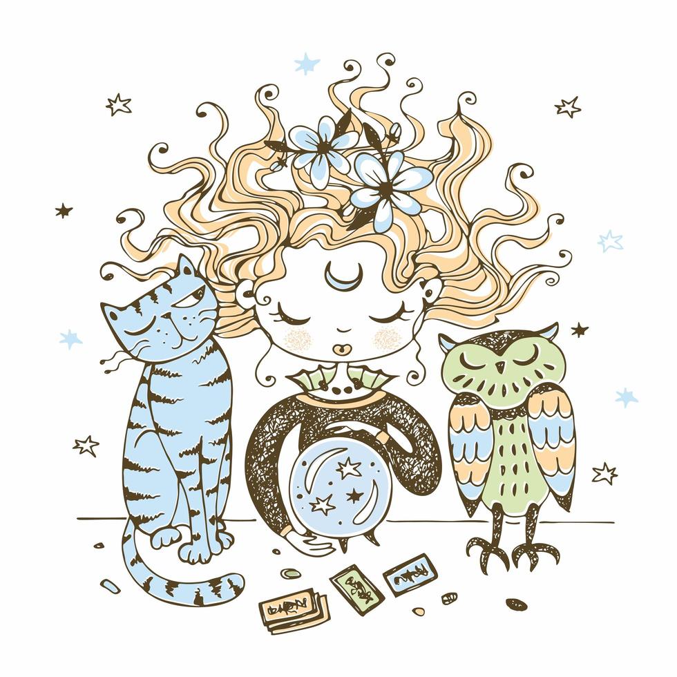 A witch with a cat and an owl vector