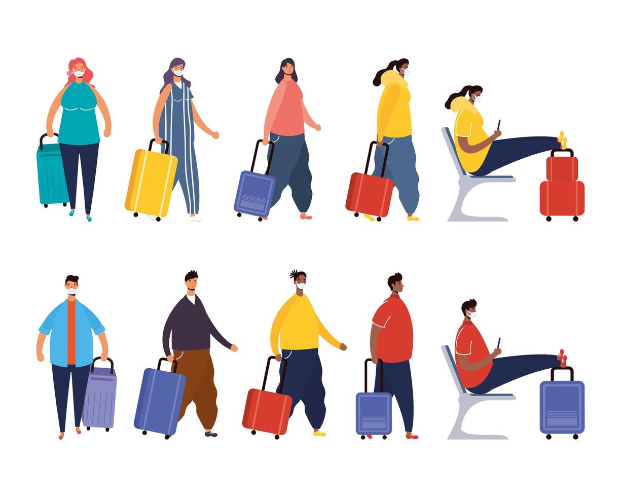 Interracial travelers with suitcases avatar characters vector