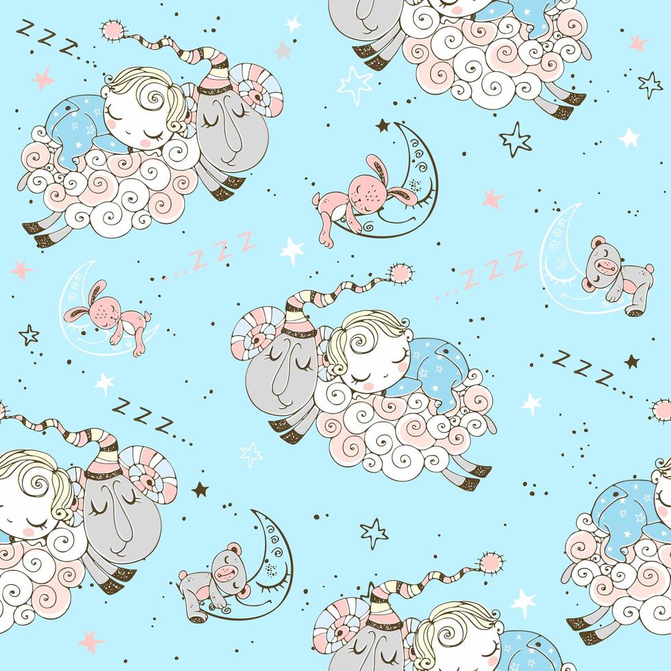 Seamless pattern with flying lambs and babies vector