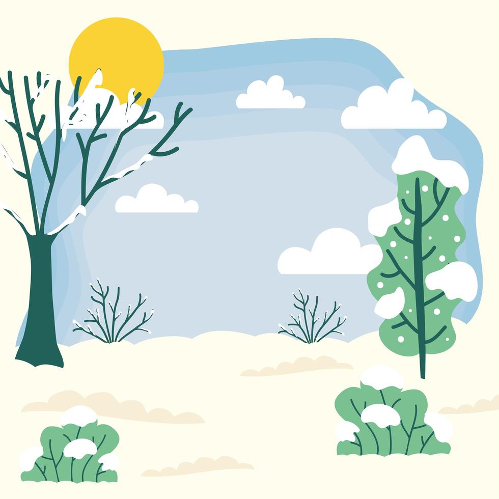 Cute winter season landscape, weather and climate scene vector