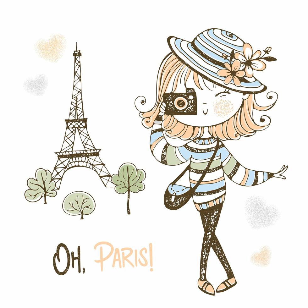 Cute girl with a camera in Paris. vector