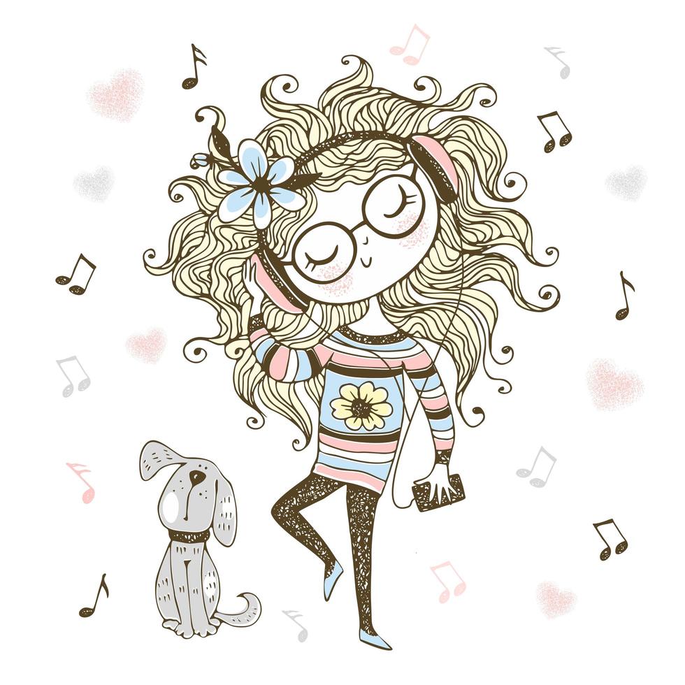 Cute girl listening to music with headphones and dancing vector