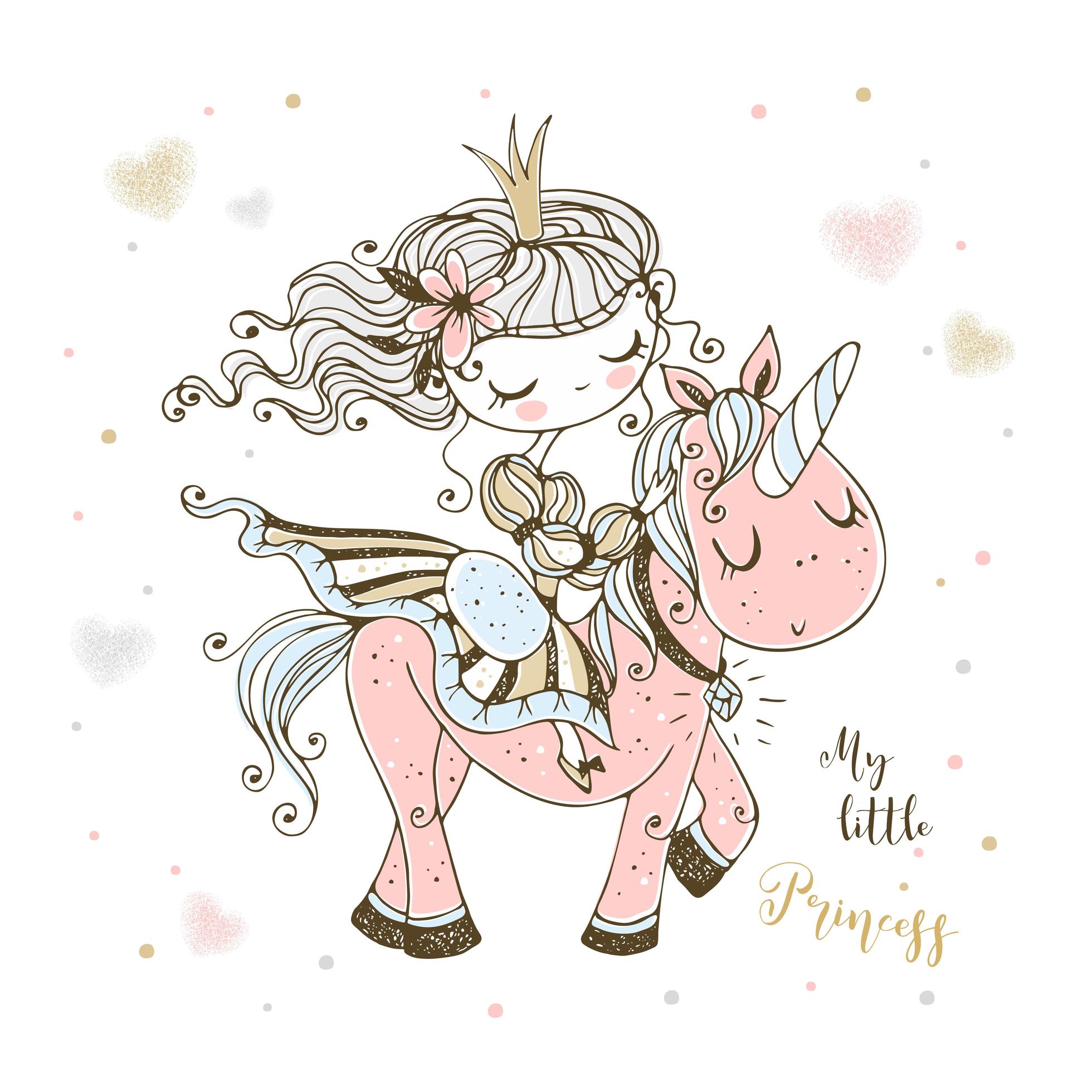 A fabulous cute Princess rides a pink unicorn. 