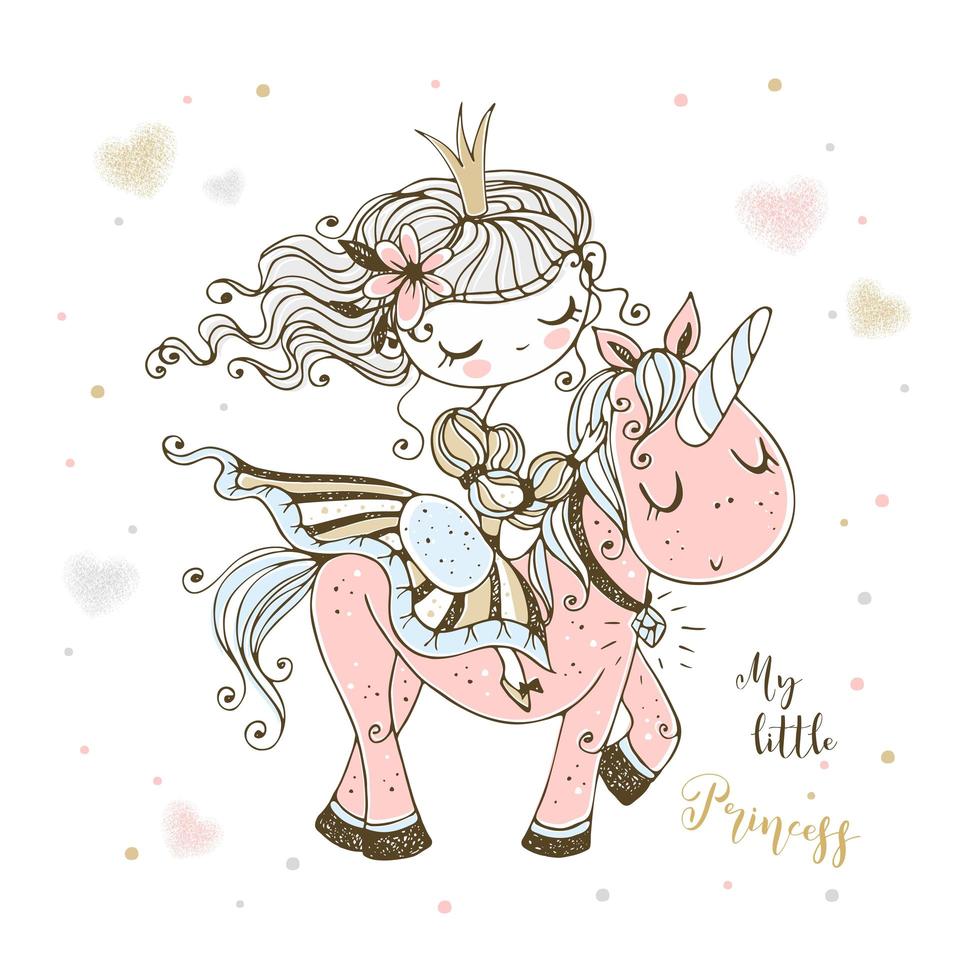 A fabulous cute Princess rides a pink unicorn. vector