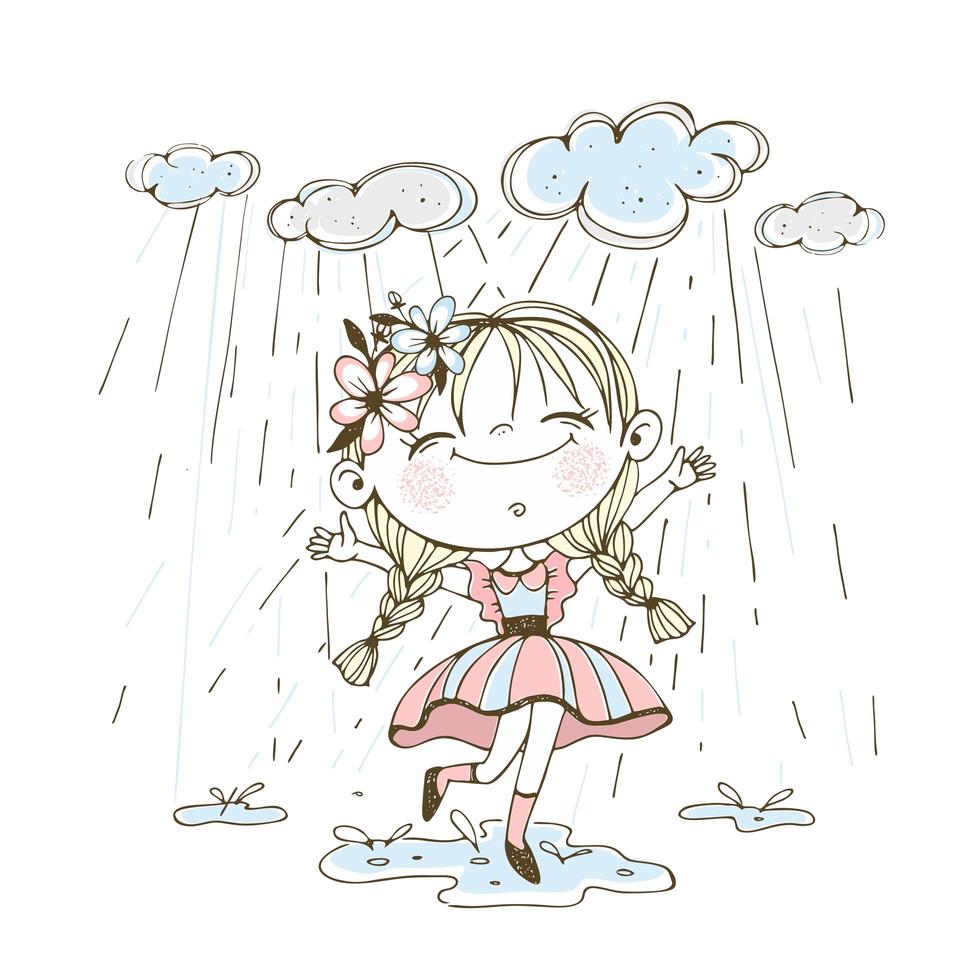 A little cute girl runs through puddles vector