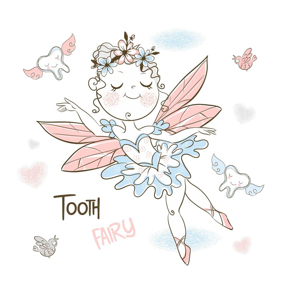 Cute tooth fairy flies with small teeth. vector