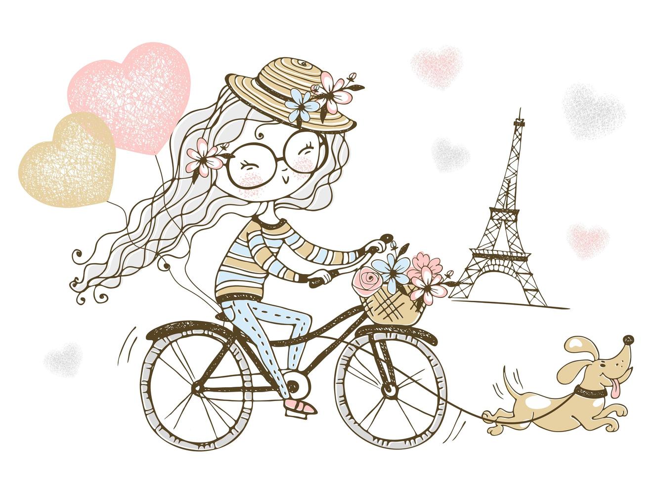 Girl rides a bike with her dog in Paris. vector