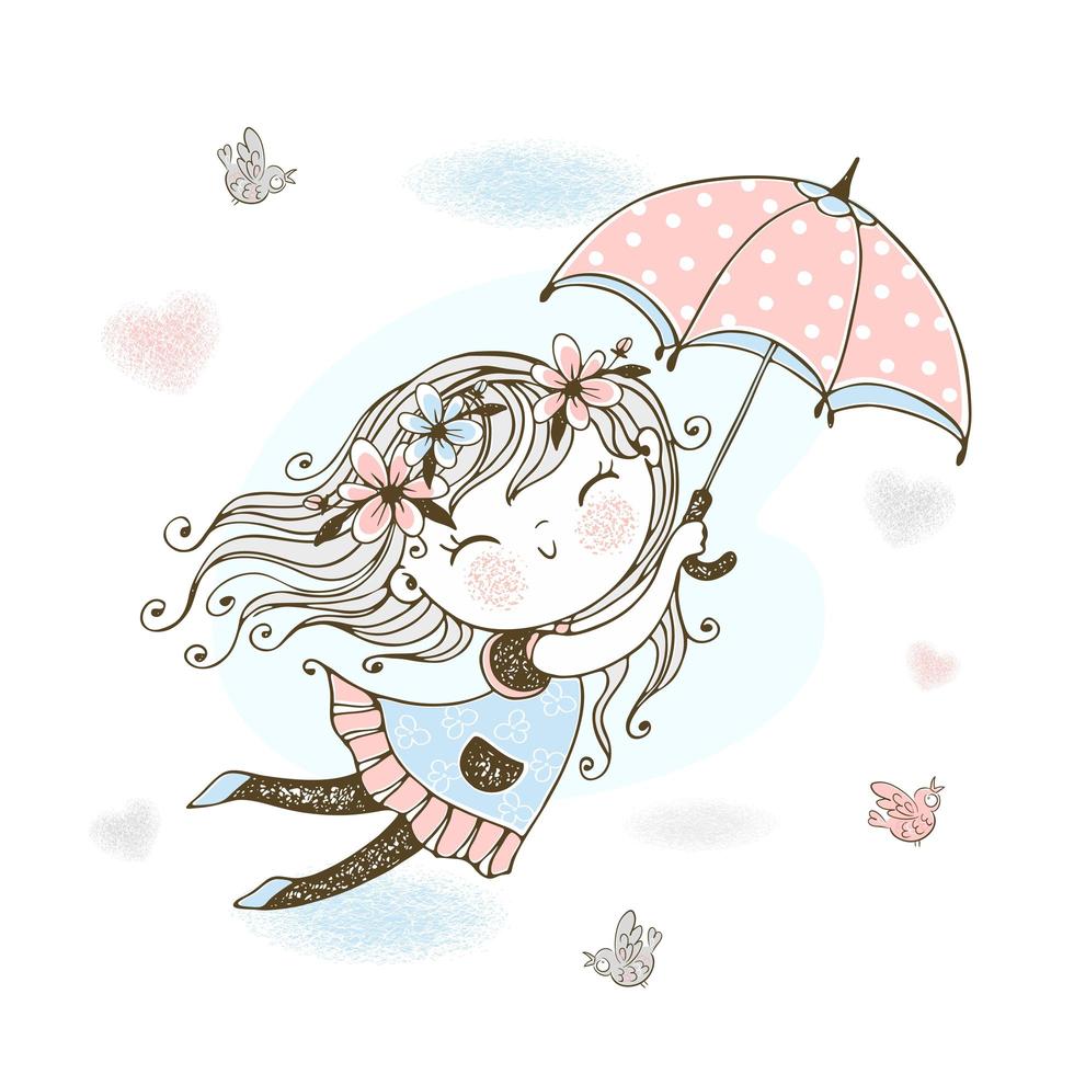 Little cute girl flying on an umbrella. vector