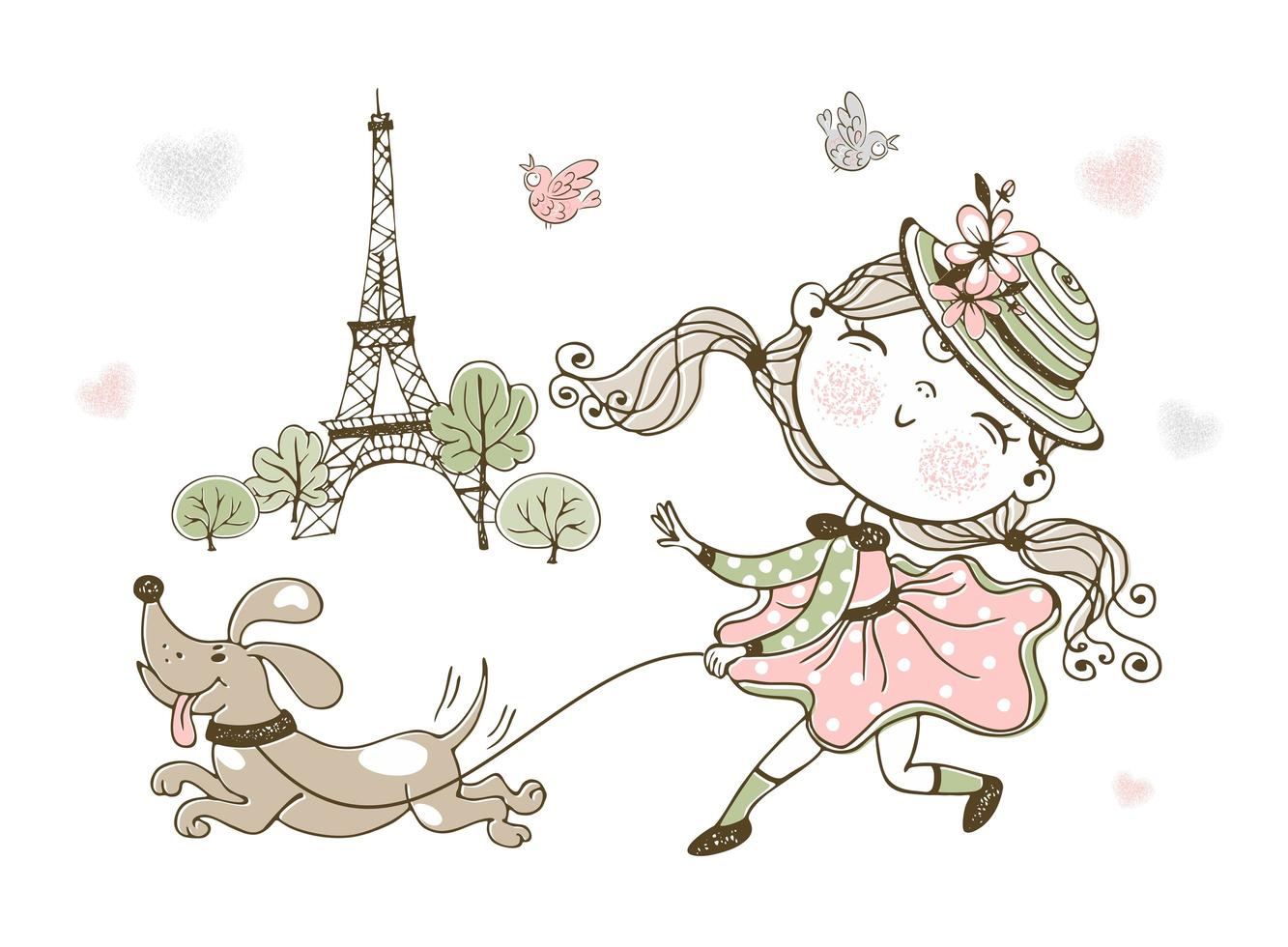 Cute little girl walking her dog in Paris vector