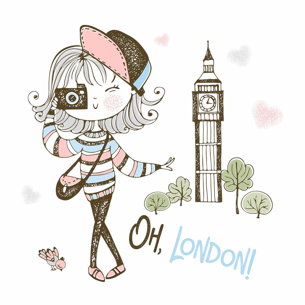 Cute tourist girl with a camera in London. vector