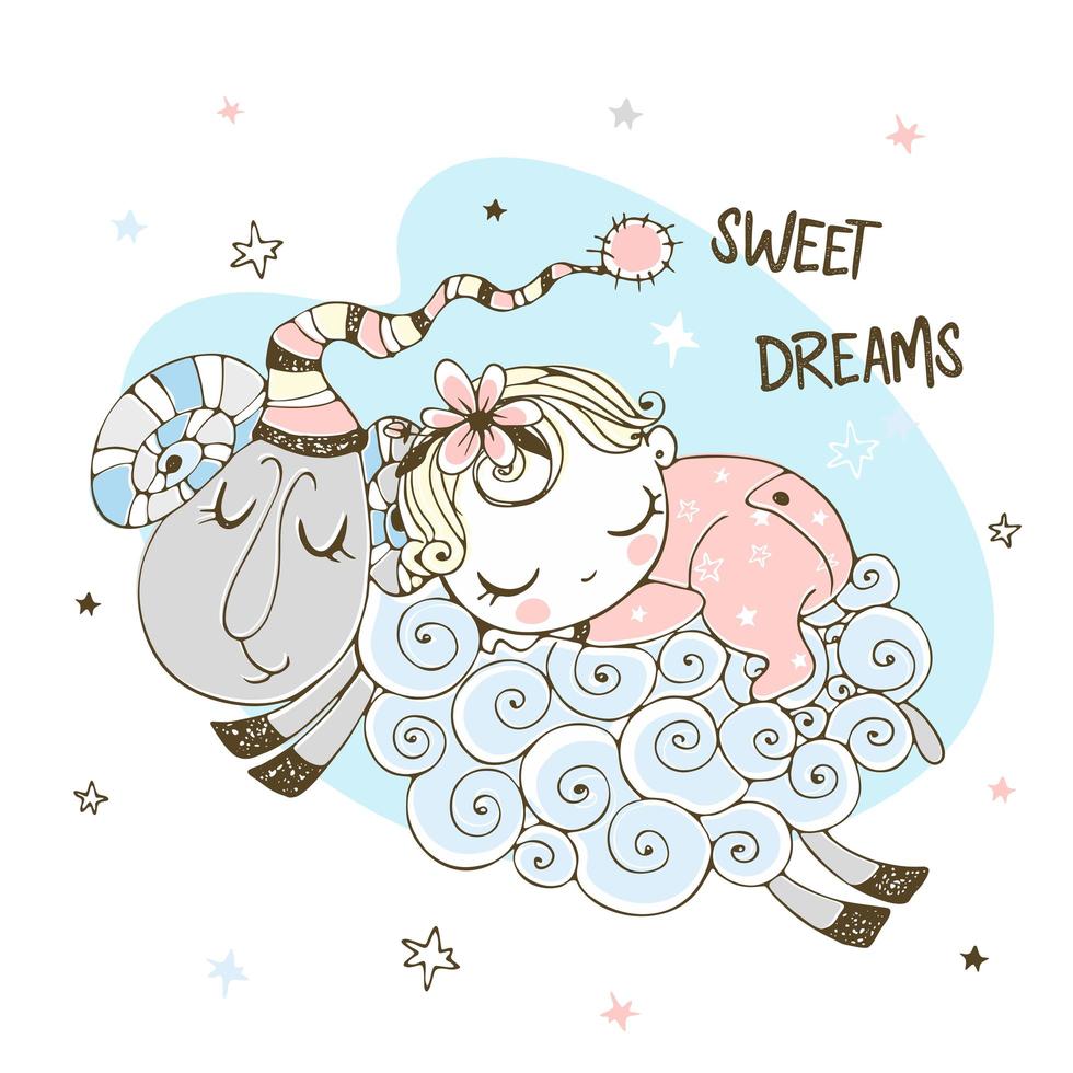 Baby girl sweetly sleeping on a sheep. vector