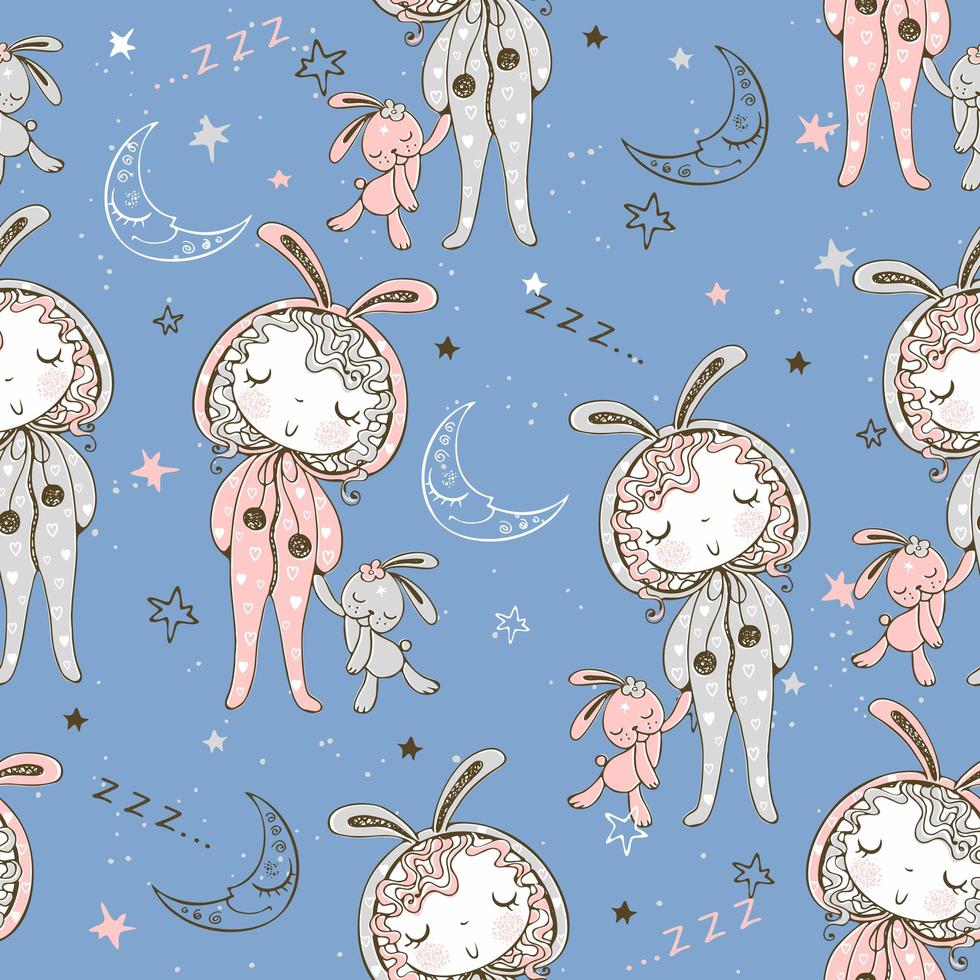 Seamless patterns with girls in pajamas vector