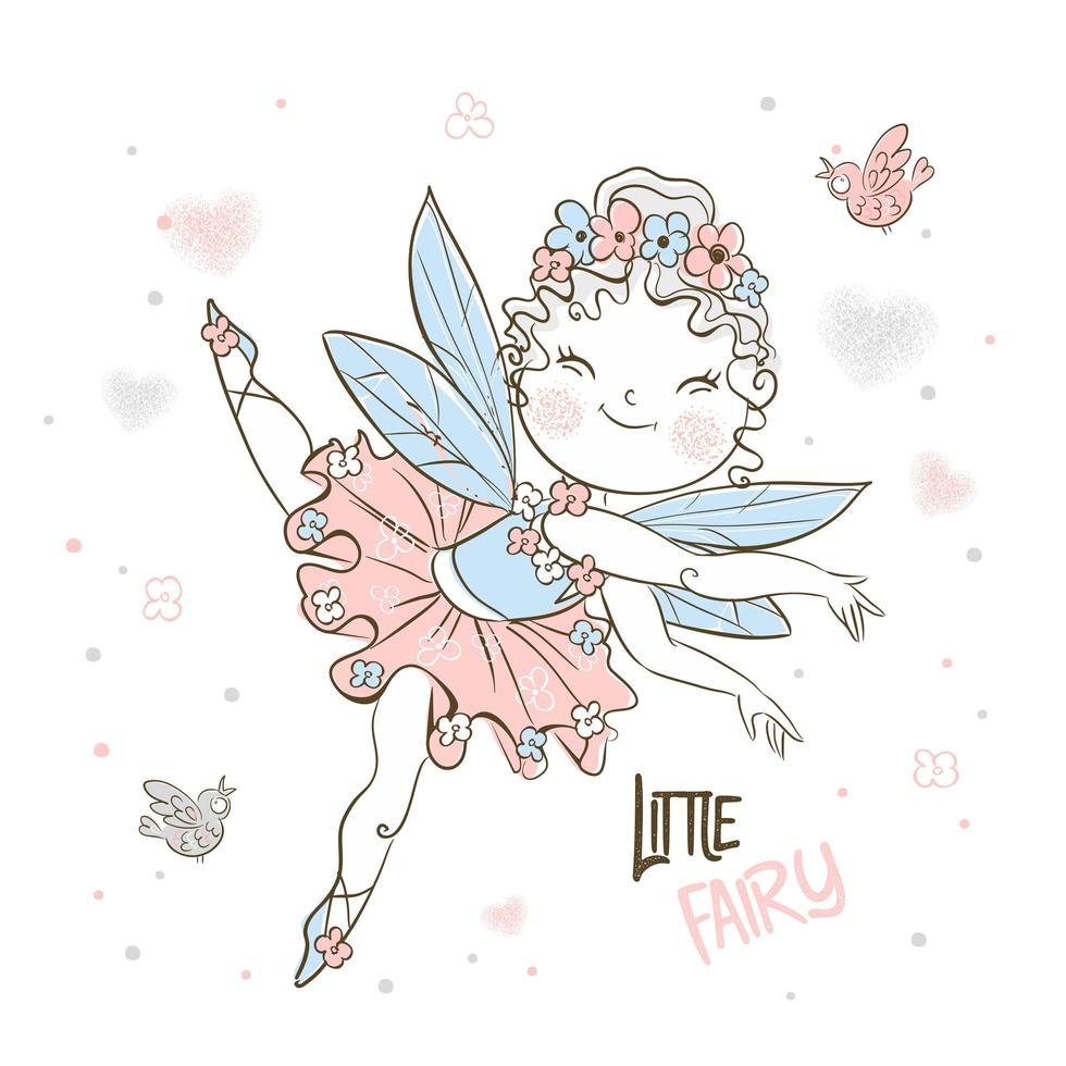 Cute little forest fairy flies with birds. vector