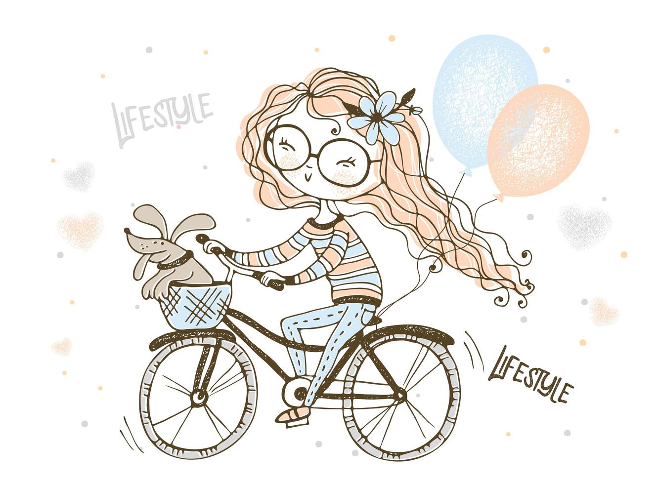 Girl with her pet dog rides a bicycle vector